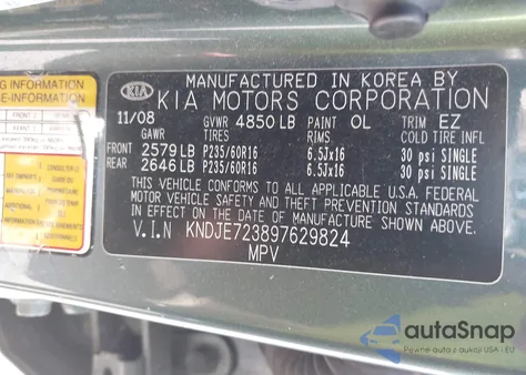 2009 Kia Sportage Lx V6 из США, поврежденный, VIN KNDJE723897629824